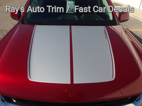 front of red 2019 Chevy Colorado Hood Stripes SUMMIT HOOD 2015-2024