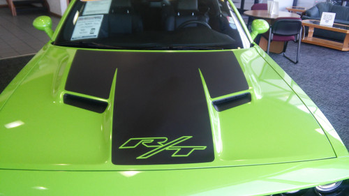 close up green 2018 Dodge Challenger RT Hood Stripes CHALLENGE HOOD 2015-2026