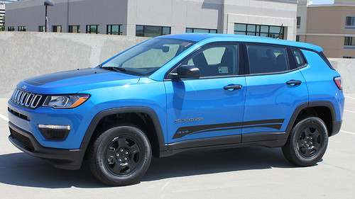 side of blue 2019 Jeep Compass Stripes COURSE ROCKER Decals 2017-2024