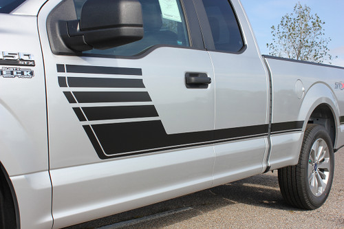 door of silver 2018 Ford F150 Side Vinyl Graphics Decals SPEEDWAY 2015-2023