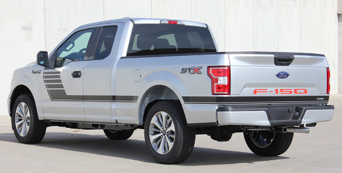 rear angle of 2018 Ford F150 Side Stripes SPEEDWAY SIDE KIT 2015-2020