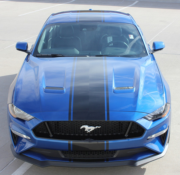 front of blue HYPER RALLY | 2021 2020 2019 2018 Ford Mustang Center Matte Black Stripes