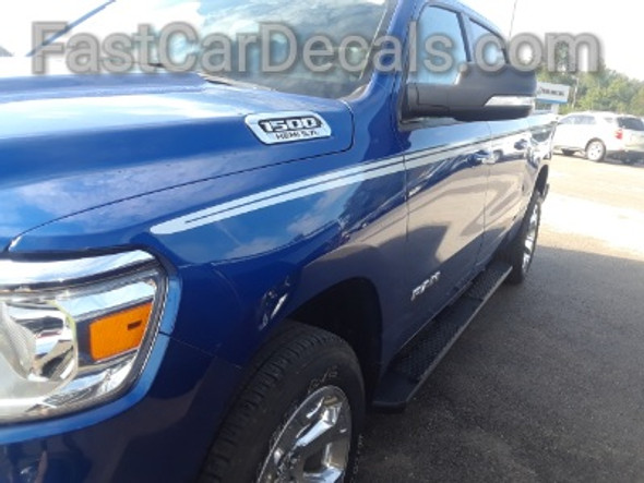 front angle of 2019 Ram 1500 Side Stripes RAM EDGE SIDE KIT 2019-2024