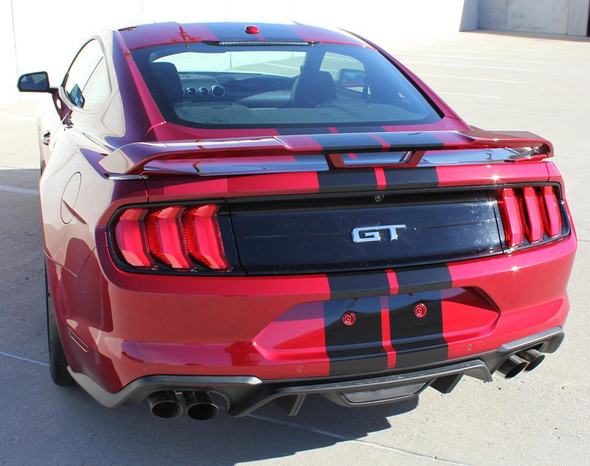 rear angle of red 2018 Ford Mustang GT Decals STAGE RALLY 2018-2021