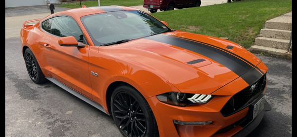 side angle of orange 2021-2018 Ford Mustang Convertible Vinyl Graphics EURO XL RALLY