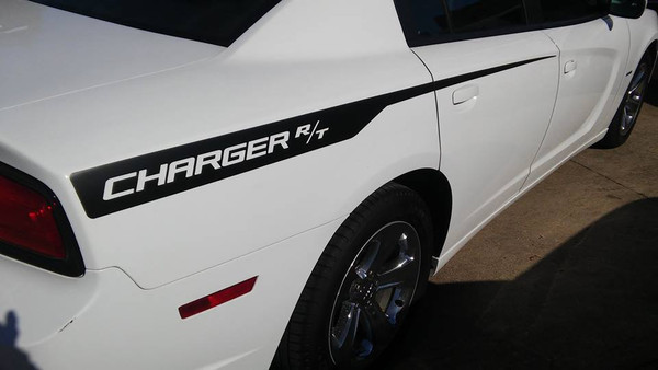 rear of white 2014 Dodge Charger Decals RECHARGE 2011 2012 2013 2014