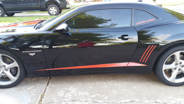 side of black 2014 Chevy Camaro Stripes ROCKER SPIKES & GILLS 2009-2015