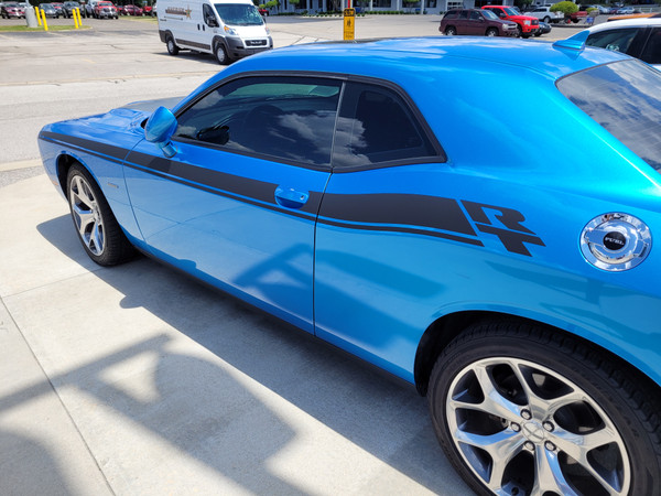 side angle of blue R/T Stripes for Dodge Challenger GT, SE, SXT, Hemi 2011-2026