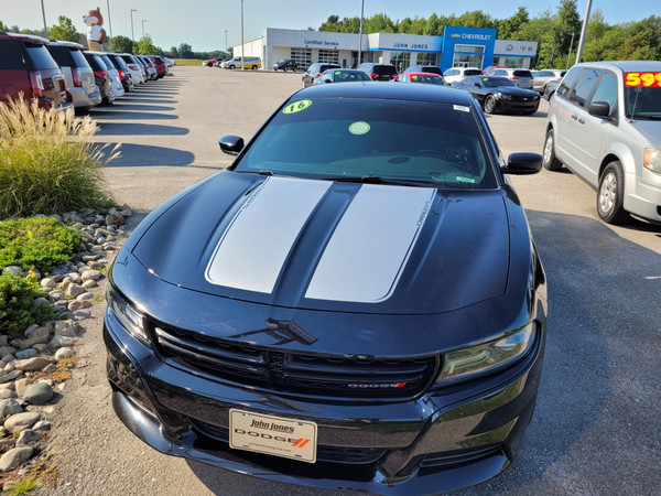 front of black 2018 Dodge Charger Hood Decals RECHARGE 15 HOOD 2015-2024