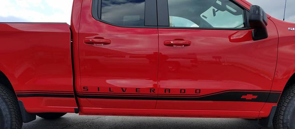 close up of red ROCKER ONE : 2019 Chevy Silverado Stripes Lower Door Decals 2019-2024