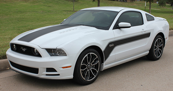 front angle of 2013-2014 Ford Mustang Hood and Side Decals Stripes FLIGHT