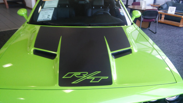 close up green 2018 Dodge Challenger RT Hood Stripes CHALLENGE HOOD 2015-2026