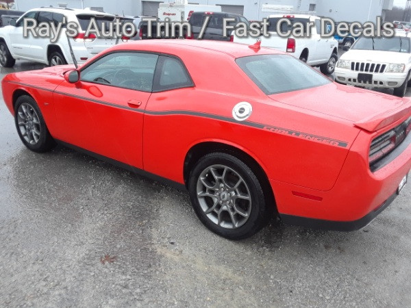 side angle of orange R/T Dodge Challenger Factory Stripe Decal Style SXT 2011-2026