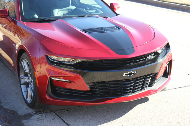 front angle of red 2019 Chevy Camaro Wide Center Decals OVERDRIVE 19 2019-2020