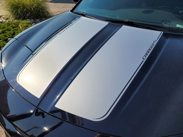 close up of black RECHARGE 15 HOOD | Dodge Charger Hood Graphics 2015-2020 2021 2022