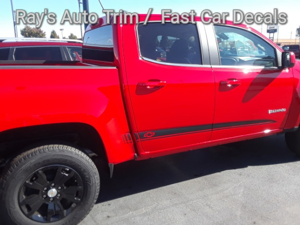 side of bright red GMC Canyon Side Door Stripes RATON 2015-2021