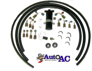 Auto AC KIT INCLUDES THE FOLLOWING: 6' 5/16" #6 Barrier hose 3' 13/32" #8 Barrier hose 5' 1/2" #10 Barrier hose 2- #6 STRAIGHT FEMALE NUT O RING FITTINGS 1- #8 STRAIGHT FEMALE NUT O RING FITTING 1- #10 STRAIGHT FEMALE NUT O RING FITTING 1- #6 45 DEGREE FEMALE NUT O RING FITTING 1- #8 45 DEGREE FEMALE NUT O RING FITTING 1- #10 45 DEGREE FEMALE NUT O RING FITTING 2- #6 90 DEGREE FEMALE NUT O RING FITTINGS 1- #8 90 DEGREE FEMALE NUT O RING FITTING 1- #10 90 DEGREE FEMALE NUT O RING FITTING 1- #8 90 DEGREE FEMALE NUT O RING FITTING WITH R134A SERVICE PORT 1- #10 90 DEGREE FEMALE NUT O RING FITTING WITH R134A SERVICE PORT 1- UNIVERSAL RECEIVER DRIER WITH SIGHT GLASS & SWITCH PORT TO ALLOW FOR BINARY/TRINARY SWITCH. 5- Rubber Covered Hose Clamps 2- Firewall Grommets 1- DRIER Bracket 1- Binary Switch 1- Weatherproof Pigtail 1- O-Ring kit