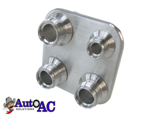  Bulkhead Fitting, Square Shape, Billet Aluminum, 2 #6 & #10 A/C Fittings & 2 Heater Connections A C Bulkhead Fitting, Square, #6 & #10 A/C Fittings, 2 #10 Heater Fittings, O-Ring