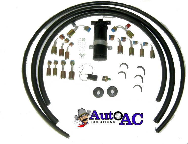 Auto AC KIT INCLUDES THE FOLLOWING: 6' 5/16" #6 Barrier hose 3' 13/32" #8 Barrier hose 5' 1/2" #10 Barrier hose 2- #6 STRAIGHT FEMALE NUT O RING FITTINGS 1- #8 STRAIGHT FEMALE NUT O RING FITTING 1- #10 STRAIGHT FEMALE NUT O RING FITTING 1- #6 45 DEGREE FEMALE NUT O RING FITTING 1- #8 45 DEGREE FEMALE NUT O RING FITTING 1- #10 45 DEGREE FEMALE NUT O RING FITTING 2- #6 90 DEGREE FEMALE NUT O RING FITTINGS 1- #8 90 DEGREE FEMALE NUT O RING FITTING 1- #10 90 DEGREE FEMALE NUT O RING FITTING 1- #8 90 DEGREE FEMALE NUT O RING FITTING WITH R134A SERVICE PORT 1- #10 90 DEGREE FEMALE NUT O RING FITTING WITH R134A SERVICE PORT 1- UNIVERSAL RECEIVER DRIER WITH SIGHT GLASS & SWITCH PORT TO ALLOW FOR BINARY/TRINARY SWITCH. 5- Rubber Covered Hose Clamps 2- Firewall Grommets 1- DRIER Bracket 1- Binary Switch 1- Weatherproof Pigtail 1- O-Ring kit