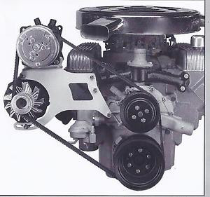 Flat Head Engine compressor mount using single belt to run compressor, alternator/generator, water pump, and crankshaft pulley. 