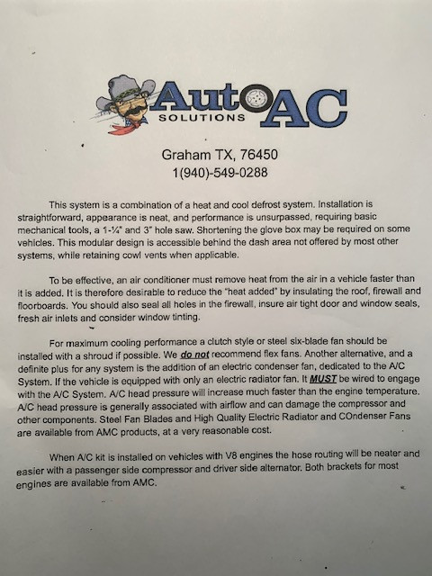 Instructions For In-Dash Air Conditioning with Heater and Blower