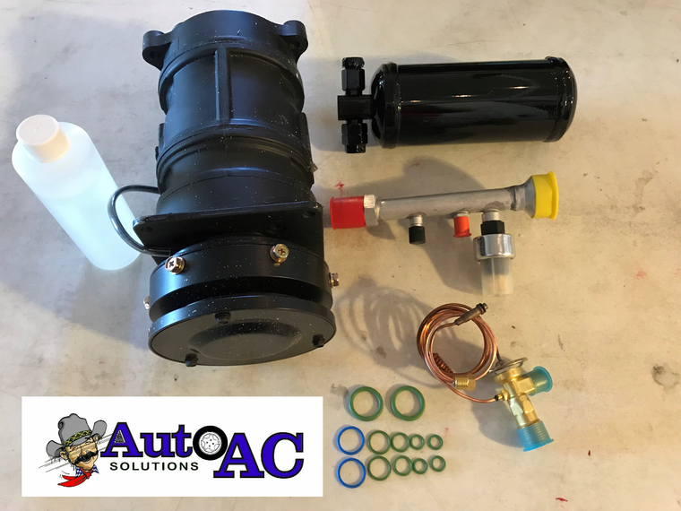 1971 1972 1973 1974 1975 1976 1977 1979 1980 Lincoln Continental, Mark, Versailles A C Under hood Upgrade Package showing compressor, drier, STV valve, Expansion valve, Orings