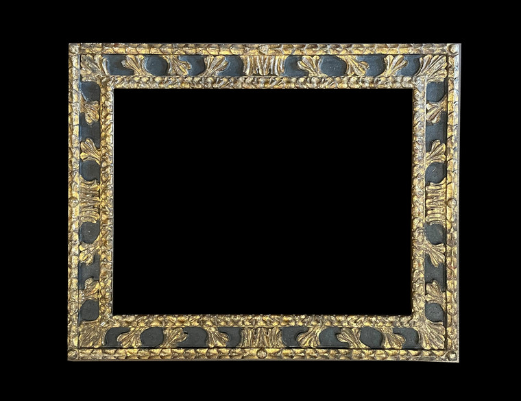 23" x 30" SOLID WOOD HAND CARVED FRAME, GOLD LEAF & BLACK PANEL