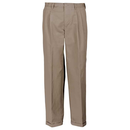 Khaki modern poly-cotton chino trousers from Azulwear Strand, showcasing the custom corporate logo embroidery details on the waistband.