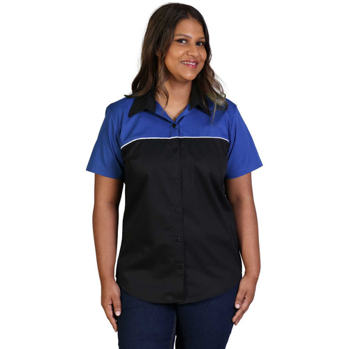 Royal Blue and Black Ladies’ Traction Pit Crew Shirt showcasing a tailored fit and easy-wear fabric, perfect for active corporate uniform programs in Cape Town and the Western Cape.