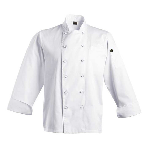 A clean front profile of the White Pescara Chef Jacket by Azulwear, showcasing detailed custom uniform embroidery, a professional double-breasted layout, and high-quality kitchen fabric tailored for premium culinary apparel in Johannesburg, South Africa
