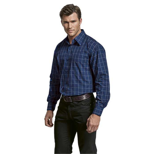 Model wearing the tailored Metro Check Long Sleeve Shirt showcasing the double-button mitred cuffs and constructed button stand, ideal for South African corporate environments by Azulwear.