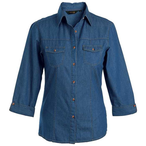 Navy Ladies Denver Denim Blouse made from premium 5 Oz 100% cotton dark denim, designed for elegant corporate casual wear and lodge uniforms across South Africa.