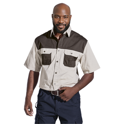men's two-tone safari shirt featuring premium corporate uniform branding, Azulwear Sandton.