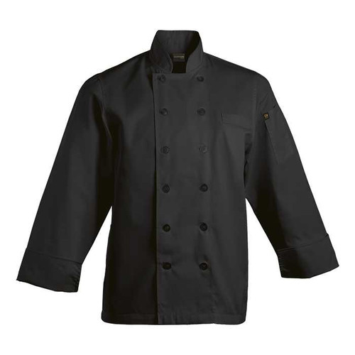 Front profile of the Black Savona Short Sleeve Chef Jacket by Azulwear, displaying the modern fit and professional styling ideal for wine estate restaurant uniform sets in Stellenbosch, South Africa.