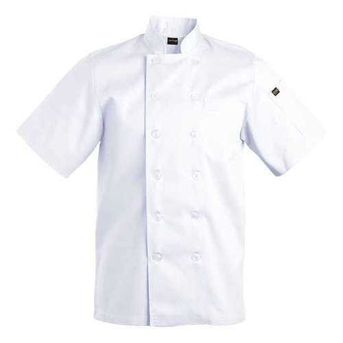 White premium short sleeve chef uniform coat featuring custom corporate hospitality branding, Azulwear Durban.