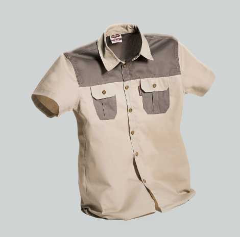 Two-tone Kids Safari Short Sleeve Shirt from Azulwear, highlighting the rugged contrasting fabric panels and functional mini-pocket design ideal for youth outdoor wear and family safari tours in Cape Town, South Africa