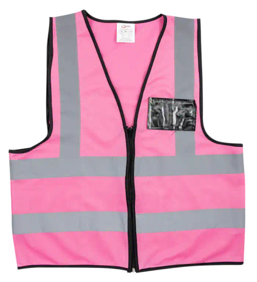 Pink reflective vest with zip and ID pouch from Azulwear South Africa, featuring the full front view with high-visibility silver strips. Courier delivery across South Africa.
