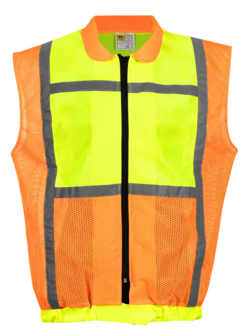 Hi-viz mesh sleeveless jacket from Azulwear South Africa, featuring the full front view with high-visibility silver safety strips. Courier delivery across South Africa.