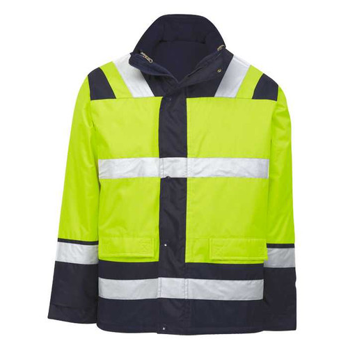Yellow Blaze 4-in-1 Jacket from Azulwear South Africa, showcasing the lightweight water-resistant Oxford outer shell, front storm flap, and integrated silver reflective safety tape. Dispatched from Cape Town with prompt courier delivery across South Africa.