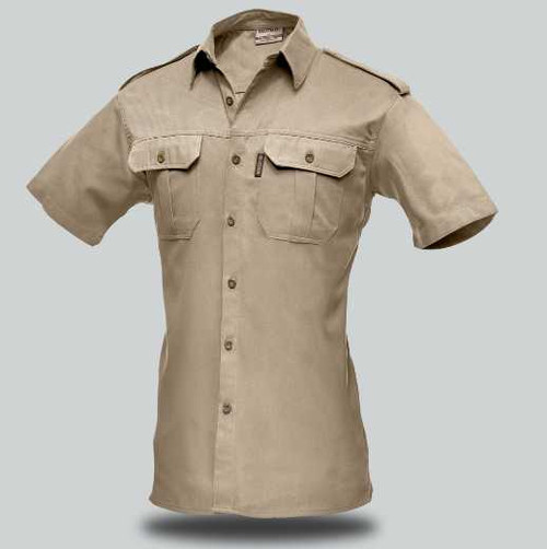 Khaki Men's Maun Short Sleeve Shirt from Azulwear, highlighting the traditional rugged earth tone and functional utility pockets ideal for warm-weather game lodge uniforms and summer safari tours in Cape Town, South Africa