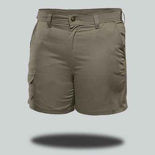 Olive green Safari Rhino Shorts by Azulwear, displaying the heavy-duty utility construction and rugged pocket layout ideal for warm-weather game lodge uniforms and professional safari clothing across South Africa