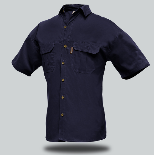 Navy Men's Lightweight Serengeti Short Sleeve Shirt by Azulwear, displaying the professional dark uniform tone and breathable fabric layout ideal for game lodge management and premium bush shirts across South Africa