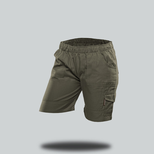 Olive green Kids Safari Shorts by Azulwear, displaying the durable utility construction and comfortable relaxed fit ideal for youth outdoor wear and family safari clothing across South Africa