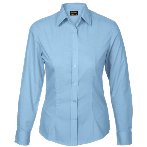 Sky Blue Ladies poly cotton long sleeve blouse on a model, corporate shirts by Azulwear South Africa. Features a feminine fit, waist darts, and custom embroidery options.
