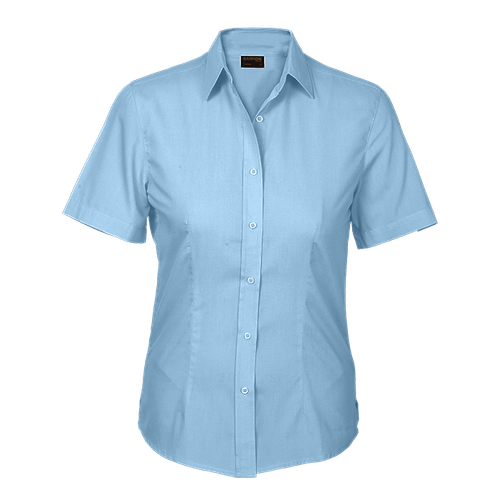 Sky Blue Locally made Ladies Basic Short Sleeve Blouse in a durable 65/35 poly-cotton blend, designed for elegant corporate uniforms and professional office clothing across South Africa.