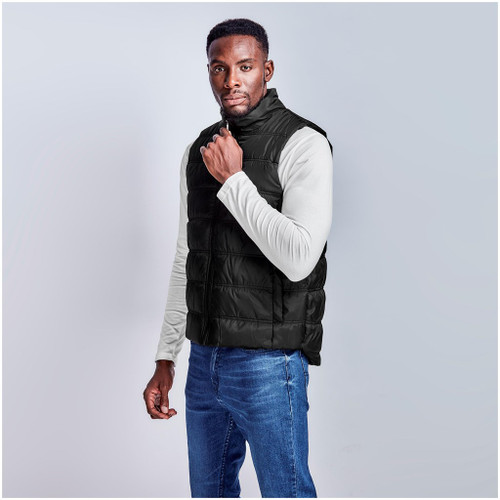 Front profile view of the Black Lando padded winter vest styled on a model, demonstrating the sleek sleeveless design and extended sizes accommodating all team body types from S up to 5XL.
