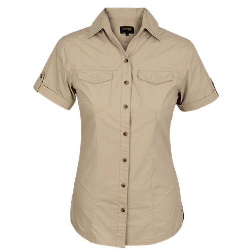 Stone Ladies Tracker shirt with custom corporate embroidery, breathable 100% cotton bush wear by Azulwear Johannesburg.