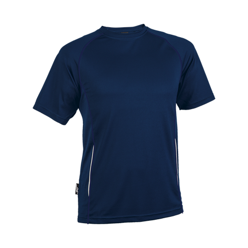 Navy BRT Men's Running Shirt made from high-performance 130g e-Dri moisture-management fabric with reflective flat piping, designed for custom sports team uniforms across South Africa.