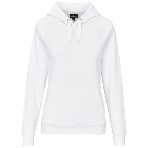 Pristine white 280g cotton-rich heavyweight Ladies Harvard hooded sweater for bulk corporate apparel orders from Azulwear South Africa.