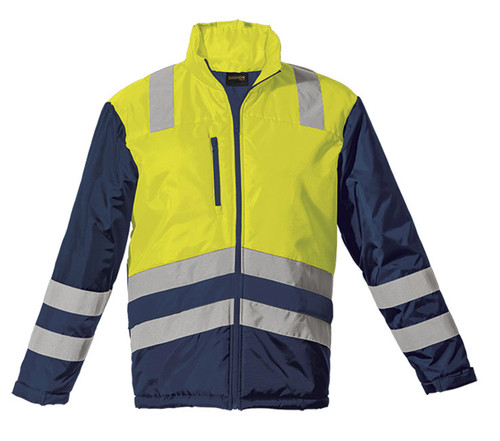 Safety yellow and navy Fleet Jacket from Azulwear South Africa, displaying the full front profile, durable weather-repellent outer shell, high funnel collar, and secure utility chest zipper. Ordered online with prompt courier delivery across South Africa.